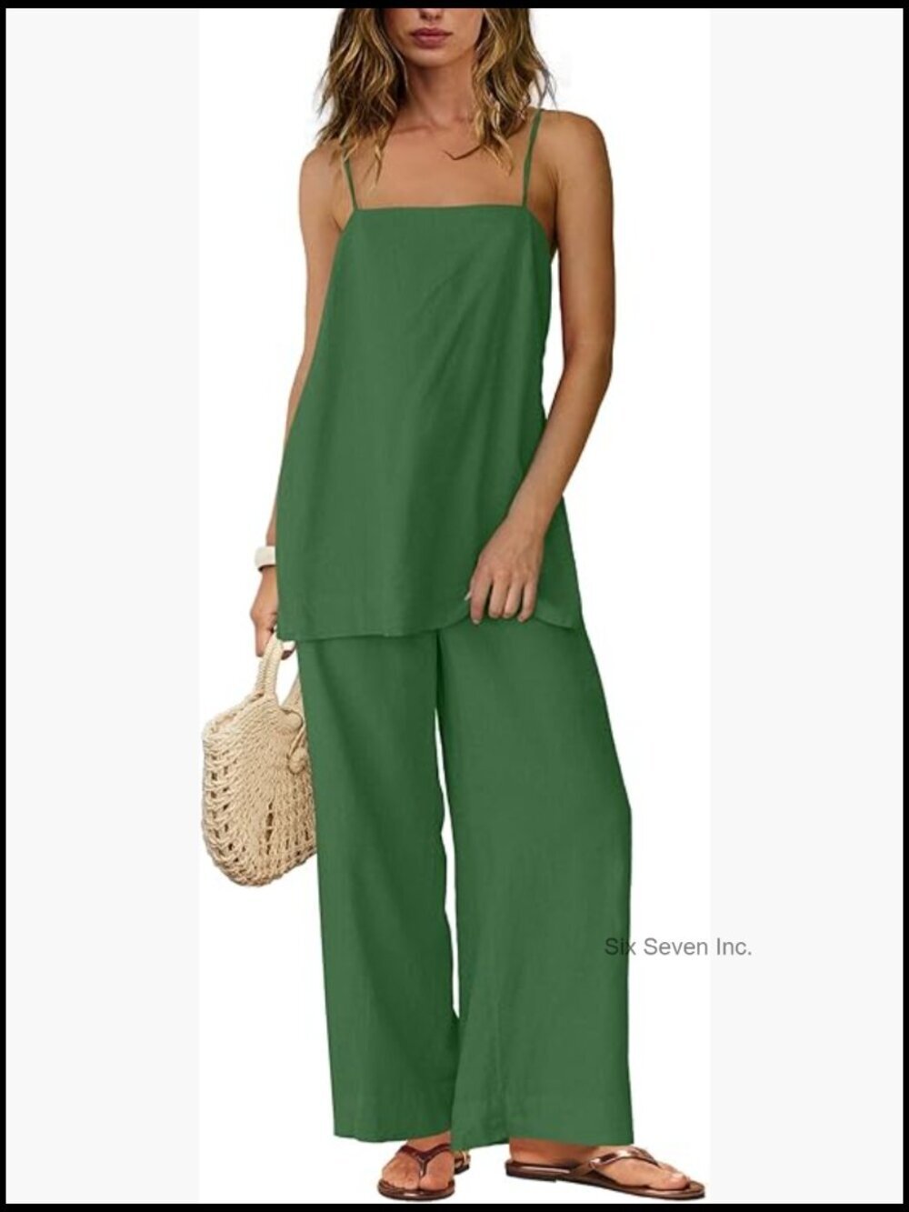 Linen 2 Piece Pants Set Spaghetti Strap Tank Top Wide Leg Lounge Outfits